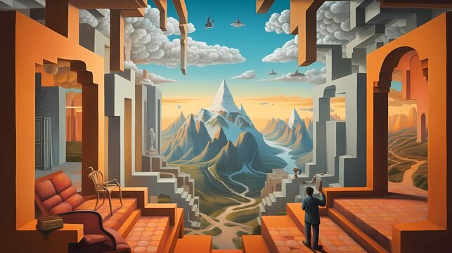 Majestic Landscape Artwork of the Fourth Dimension with Surreal, Colorful and Dynamic Composition in a Fantasy Landscape View. Whimsical Artwork. Abstract Drawing Painting Illustration. Generative AI.