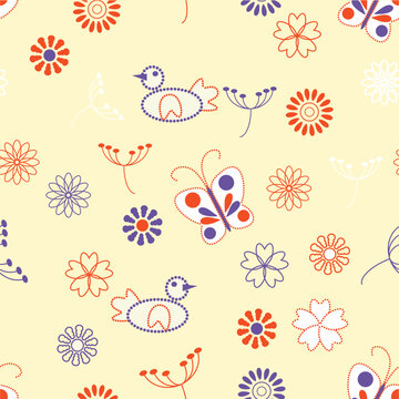 vector seamless floral  background with butterflies and birds  in eastern style