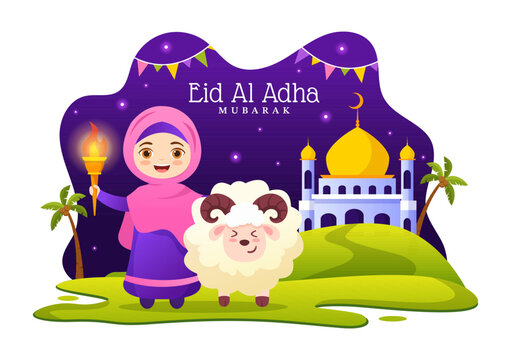 Happy Eid Al Adha Mubarak Vector Illustration of Kids Muslims Celebration with Sacrificial Animals Goat and Cow in Cartoon Hand Drawn Templates