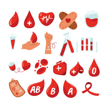 Blood Donor Element Illustration. Hand Drawn Vector Illustrations. Hematology Icons Set. Donate Blood, Health Care Concept. World Blood Donor Day. Trendy Digital Art. Isolated On White Background