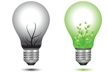 illustration of comparison between two bulbs with plant and industry on white background