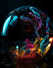 transparent crystal ball. colorful fluid abstract motion illusion. on a black background. generative ai