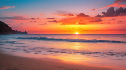 Fototapeta na wymiar Sunset on the beach, summer vacation, sea scape, AI generate.