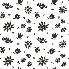 Monochrome seamless pattern with abstract retro wildflowers. Vintage floral digital paper
