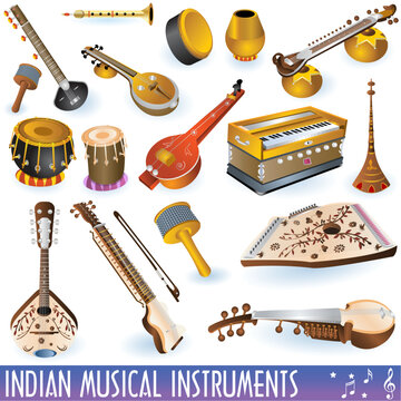 A colored  collection of different traditional Indian musical instruments.