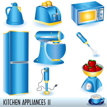 Collection of eight blue kitchen appliances... and a cup of cappuccino.