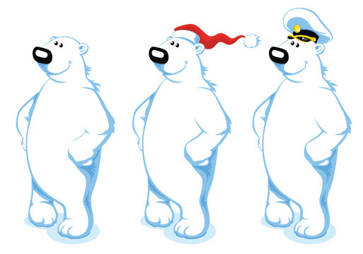Three Happy Polar Bears with Santa's and Captain's hat