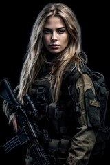 Fototapeta na wymiar Portrait female soldiers with guns on the black background AI Generative