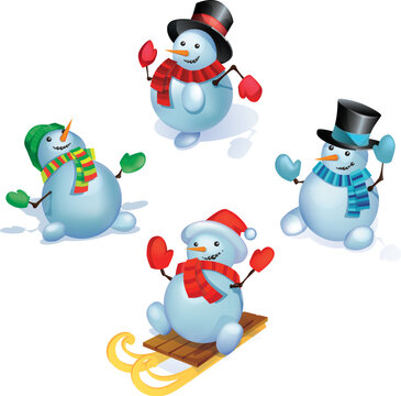 Group of snowmans is   standing in different poses.