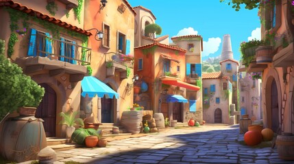 Fairy Town. Cartoon style scene. Cute and Cozy Neighborhood. Drawing Painting Illustration. Generative AI. - 608061414