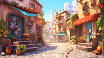 Fairy Town. Cartoon style scene. Cute and Cozy Neighborhood. Drawing Painting Illustration. Generative AI. - 608061418