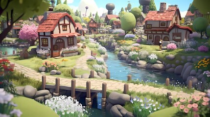Fairy Town. Cartoon style scene. Cute and Cozy Neighborhood. Drawing Painting Illustration. Generative AI. - 608061420