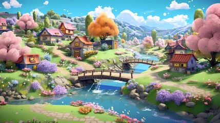 Fairy Town. Cartoon style scene. Cute and Cozy Neighborhood. Drawing Painting Illustration. Generative AI.