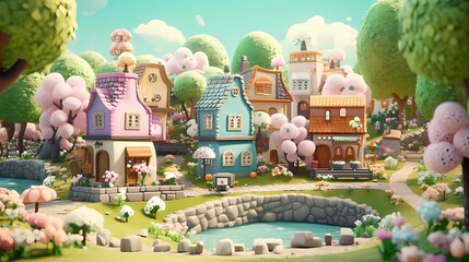 Fairy Town. Cartoon style scene. Cute and Cozy Neighborhood. Drawing Painting Illustration. Generative AI. - 608061441