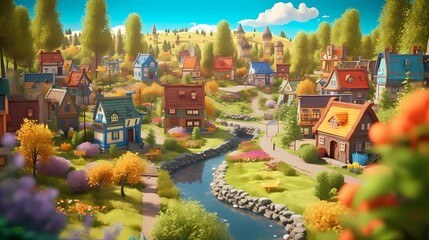 Fairy Town. Cartoon style scene. Cute and Cozy Neighborhood. Drawing Painting Illustration. Generative AI. - 608061456