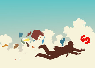 Fototapeta premium Vector colorful silhouette of a businessman desperately trying to catch a falling dollar