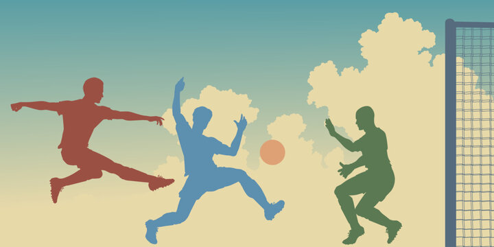 Editable vector colorful silhouettes of action in a football match