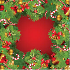 christmas background with baubles and christmas tree. Vector frame with green fir