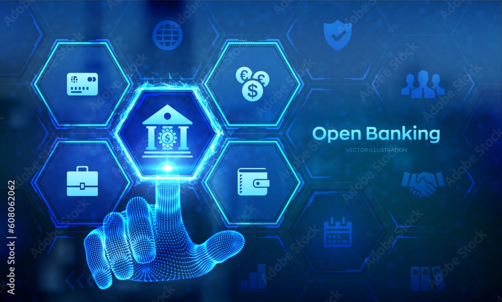 Poster open banking. banking service. api financial technology. fintech business concept on virtual screen.