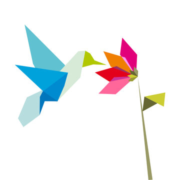 Origami pastel colors hummingbird and flower on white background. Vector file available.