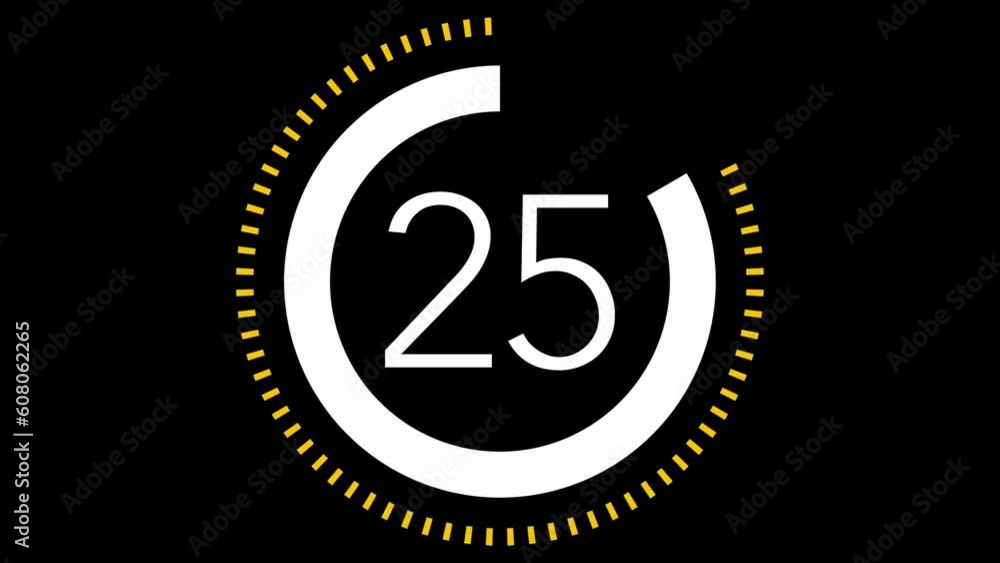 Poster 30 seconds dashed line circle countdown timer. yellow and white on black background. stylish simple 