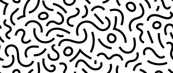 Abstract doodle squiggly lines seamless pattern. Black and white childish scribble repeating background. Basic shapes and curved wavy stripes wallpaper. Vector backdrop 