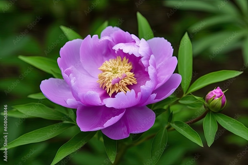 Sticker close-up view of a purple flower with green leaves Generative AI