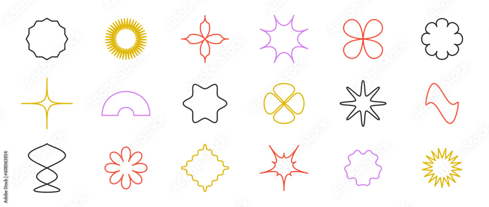 Poster abstract outline stars, flowers, waves shapes set. primitive line geometric forms collection in swis