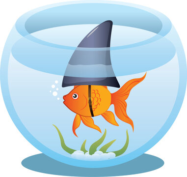 A cute little goldfish in a fish bowl wearing a shark fin to scare predators away. Editable vector illustration.