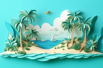 Fototapeta na wymiar Summer Beach Background with Tropical And Palm Trees Landscape for Banner, Generative AI