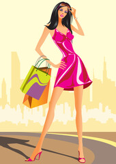 fashion shopping girls with shopping bag - vector illustration