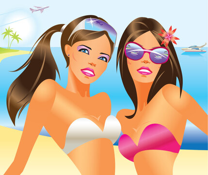 beautiful women with bathing suit on the beach- vector illustration