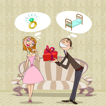 At Valentine's Day a boy presents a gift to his girlfriend, but they have rather different thoughts concerning it.