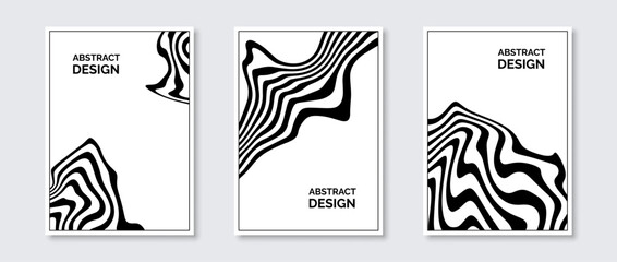 Fototapeta na wymiar Abstract wavy lines posters set. Fluid undulate shapes banner pack. Black and white universal curved stripes template. Futuristic design concept for card cover, invitation, brochure, flyer. Vector