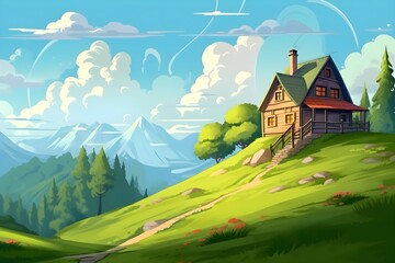 Fototapeta na wymiar small house built on a green hill landscape illustration background made with Generative AI