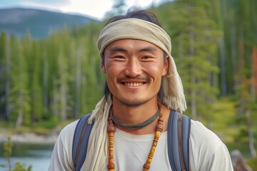 Mongolian American man smiling standing in front of mountain in norway. generative AI