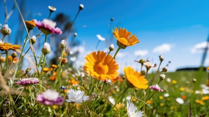 Obraz na płótnie Canvas Colorful spring flowers on a field under a blue sky. Generative AI