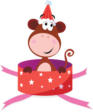 Christmas or birthday surprise? This cute brown monkey is perfect present! Vector cartoon Illustration.