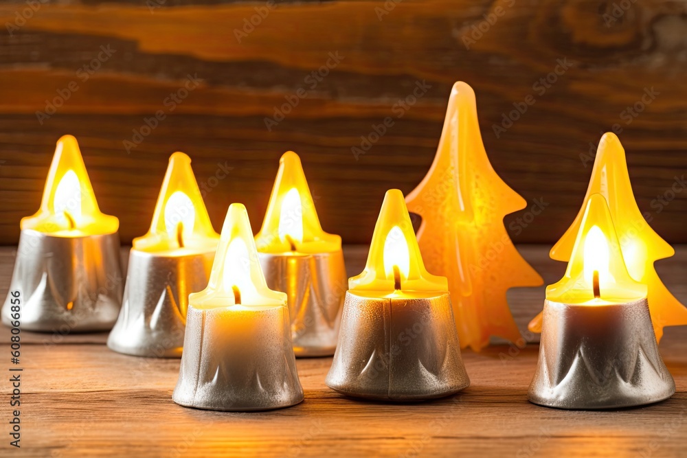 Aufkleber rustic wooden table adorned with a group of glowing candles generative ai