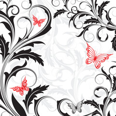 White background with   abstract black and butterflies