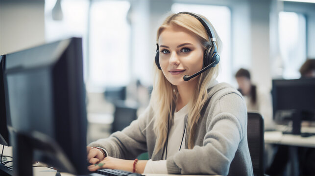 Young female Call center worker with headset. Generative AI