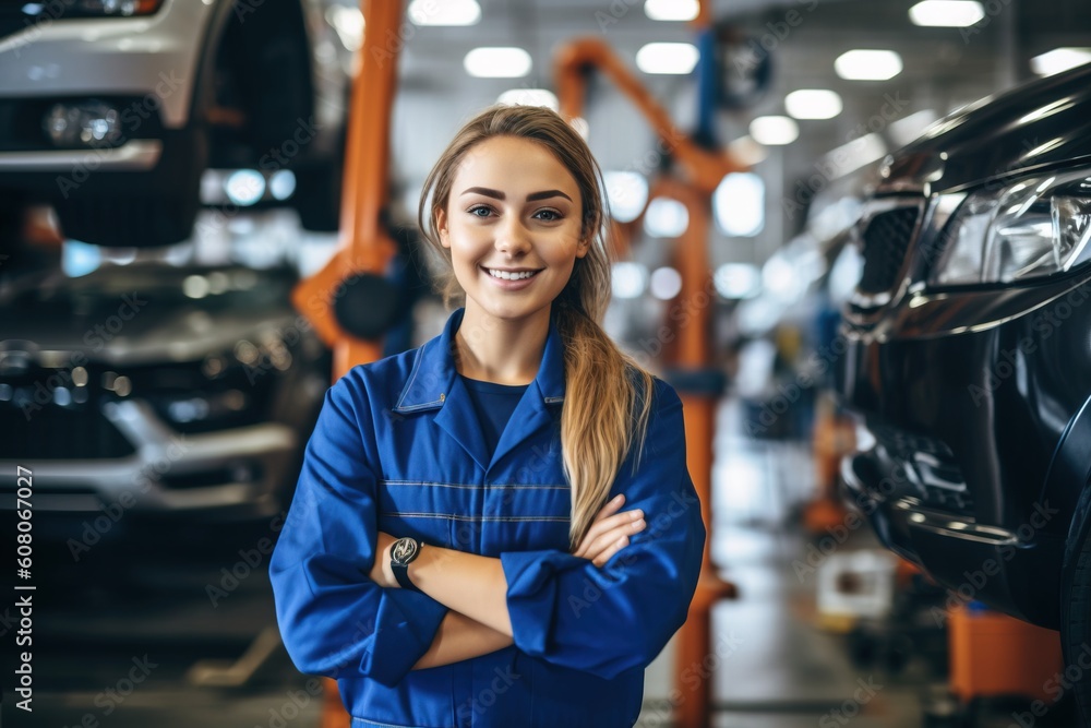 Wall mural portrait female mechanic smiling confident on the workshop ai generative