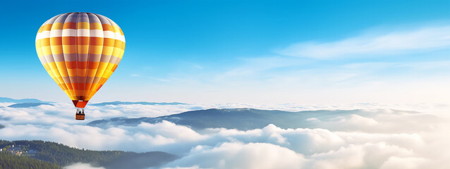 Obraz premium View of hot air balloon flying over clouds and mountains, with copy space background, generative ai