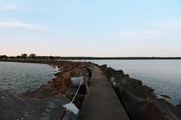 Breakwall looking back at shoreline, Upstate New York, Lake Erie, Sunset Bay, Cattaraugus Creek, 