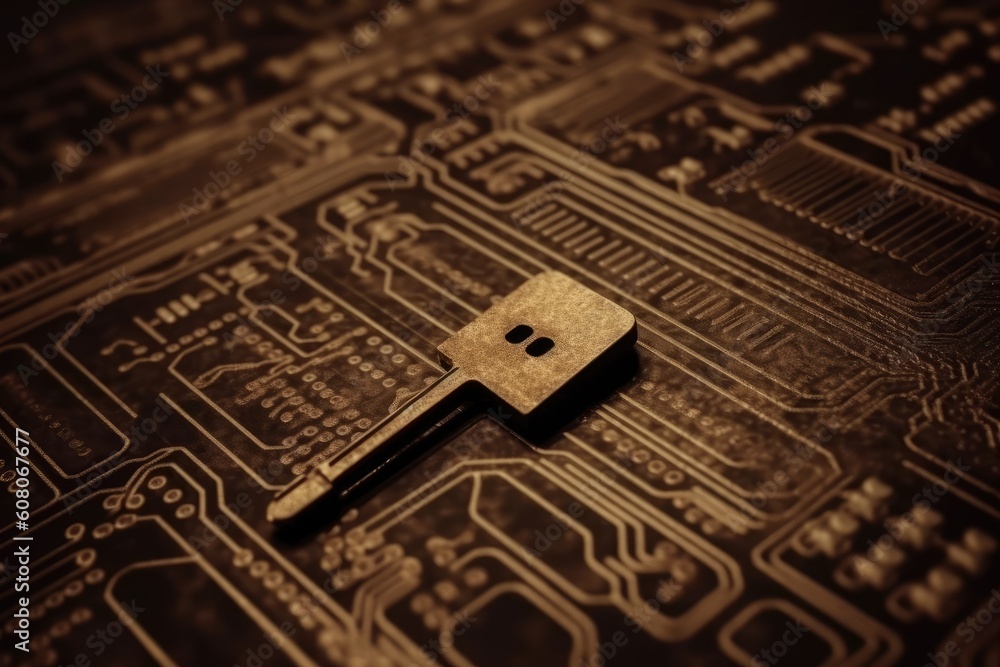 Poster wooden key resting on a circuit board, symbolizing the intersection of traditional and modern techno