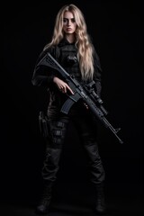 Fototapeta premium Portrait woman soldier holding guns standing confident AI Generative