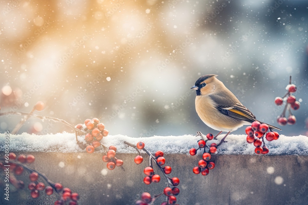 Poster bird perched on a branch with ripe berries generative ai