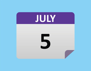 5th July calendar icon. July 5 calendar Date Month icon vector illustrator. calendar icon.