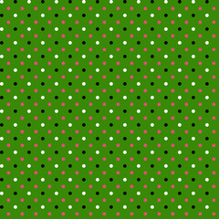 Cute simple abstract geometric seamless fabric pattern White pink black polka dots on a green background