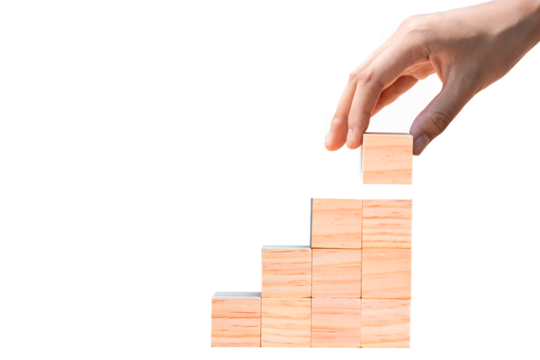 Hand putting wooden blocks as steps isolated on white background Business ideas for a successful growth process.PNG	